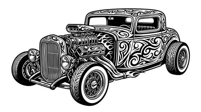 Vintage Hot Rod Car with Flames and Custom Graphics.