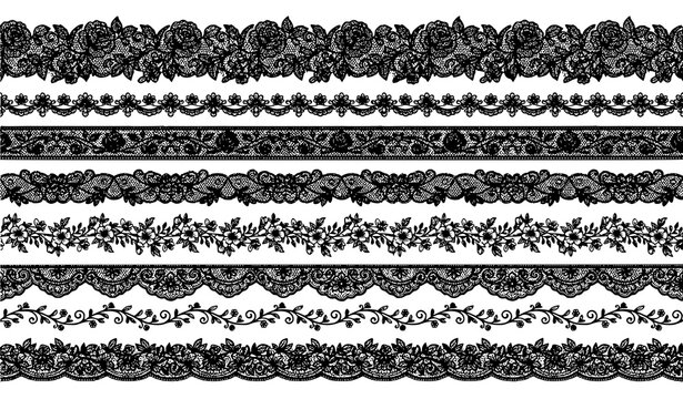Floral lace pattern brush vector collection with seamless decorative borders isolated on white background