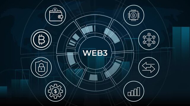 Web3 Technology Concept Motion Graphic with Cyber HUD Interface and Crypto Wallet Icons Loop