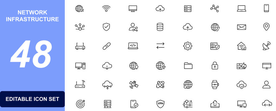 Network infrastructure icon set for server hosting, internet connection, cloud, wifi, router, cybersecurity, firewall, database and computer devices vector illustration