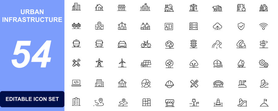 Urban infrastructure icon set for buildings, transport, roads, highways, construction, city planning, bridge, railway, transit, airport and industry vector illustration