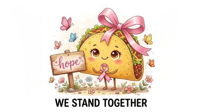 Cute watercolor taco character holding a sign that says hope for breast cancer awareness month with pink ribbon and we stand together text