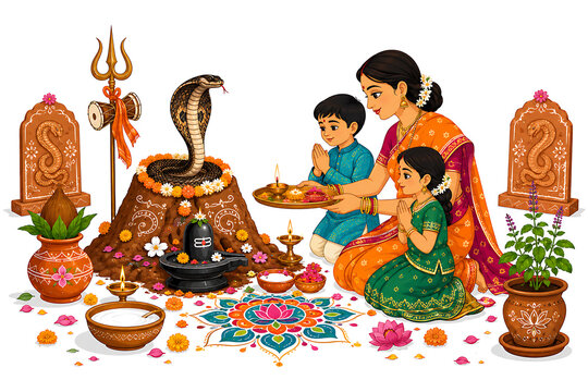 Indian family praying to snake deity and shiva lingam with flowers milk diya kalash rangoli during traditional nag panchami festival celebration vector illustration background