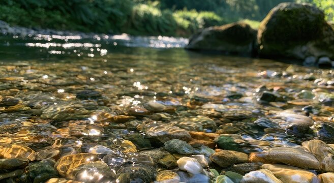Sunlit pebbles shimmer in a clear, shallow stream flowing through nature