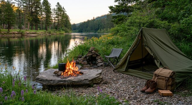 Lakeside campsite with tent, campfire, and gear near a calm river
