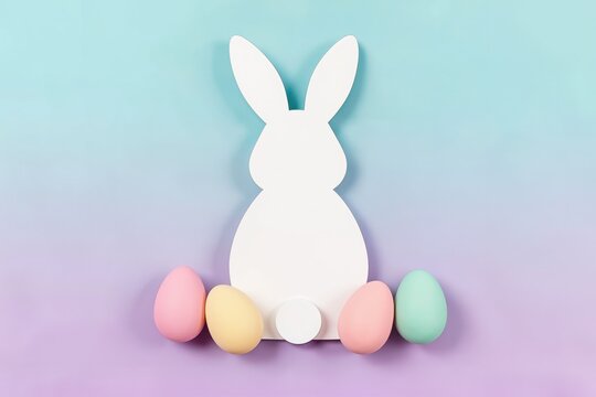 Illustration minimaliste de lapin de P&acirc;ques avec &oelig;ufs color&eacute;s pastel sur fond doux, concept de f&ecirc;te printani&egrave;re, d&eacute;coration, carte de v&oelig;ux et espace de copie