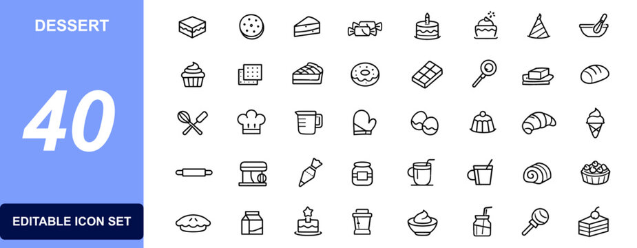 Dessert icon collection with cake, cupcake, brownie, cookie, cheesecake, bakery pastry, confectionery sweets, chocolate treats vector illustration