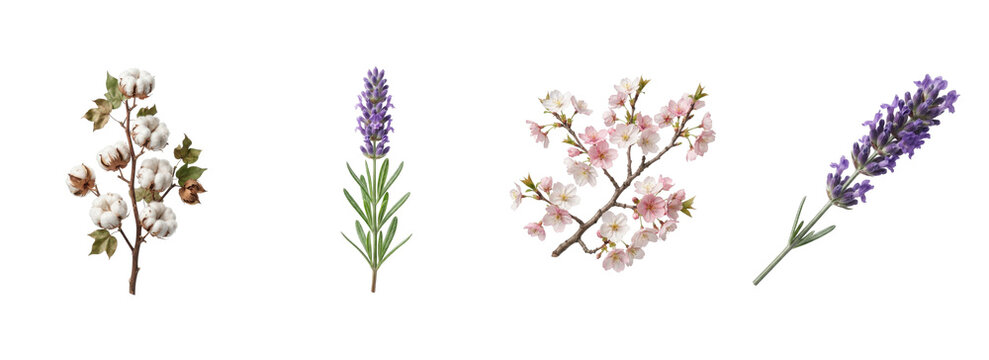Collection of beautiful nature and plants high quality png transparent background featuring cotton lavender and cherry blossom branches for professional graphic design and creative projects