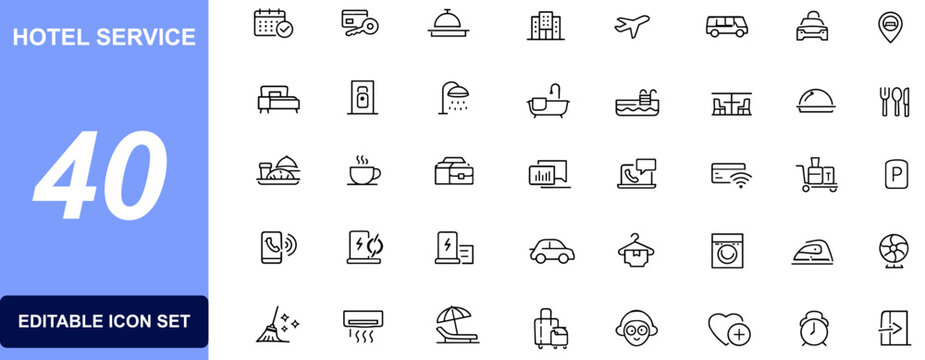 Hotel service icon set for hospitality booking, accommodation, reception, room amenities, resort facilities, concierge, travel and conference vector illustration