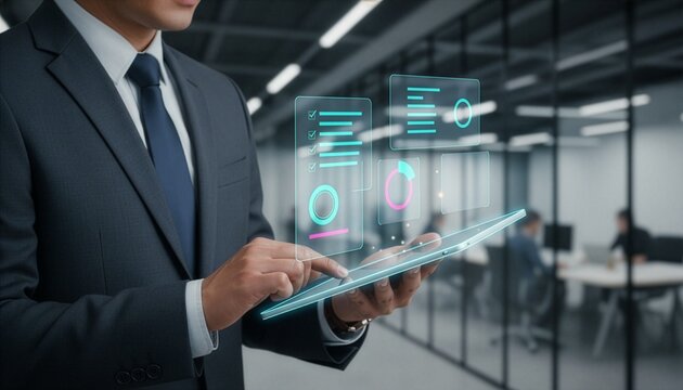 A corporate businessman using a digital tablet in a modern office, interacting with floating holographic dashboard screens displaying task checklists, financial pie charts, and data analytics.