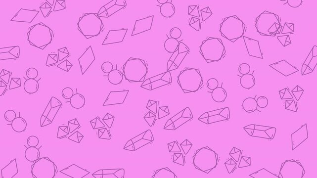 Crystal shards and circular icons form a repeating geometric pattern on a light pink background surface.