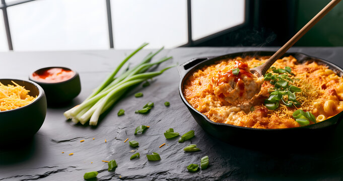Creative food template. Cast-iron skillet of buffalo chicken mac and cheese with sliced green onions, shredded cheddar, buffalo sauce on dark granite with soft natural daylight. copy text space