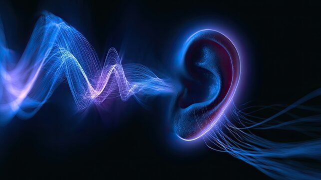 Glowing sound waves interacting with a human ear against a dark background