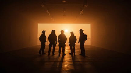 Fototapeta premium Silhouetted firefighter team at sunset in empty hangar, dramatic warm light and reflective floor