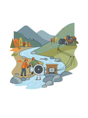 Naklejka premium 2d FLAT MINIMALISM Workers install small scale hydroelectric turbine in a mountain river setting PNG Isolated on transparent background vector