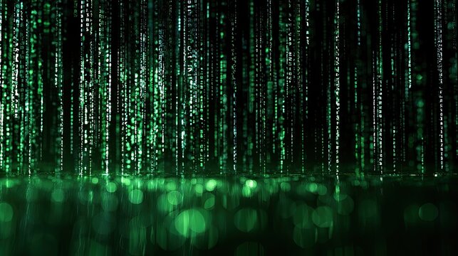 Vertical streams of bright green and white digital rain cascade downwards