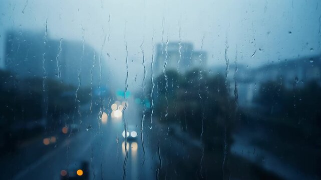 Rainy city street scene viewed through glass window with raindrops streaming down in urban environment