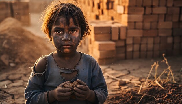 Dramatic portrait of dirty tired child working in brick factory for world day against child labour concept highlighting human rights, poverty, and exploited youth