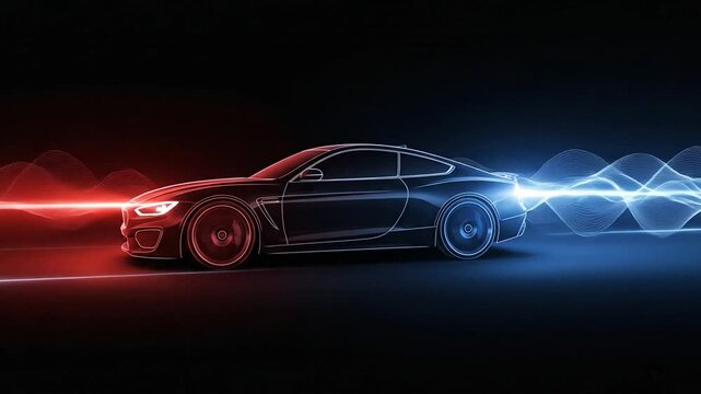 Futuristic sports car with red front lasers and blue energy waves representing high-speed performance and automotive technology.