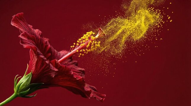 Red hibiscus flower with yellow pollen exploding from the stamen against a dark red background, representing nature's vitality and reproduction concept.