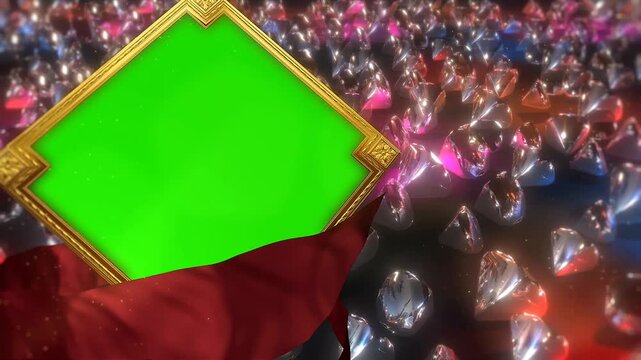 Luxury Golden Ornament Frame Showcase - Royal Red Velvet Crystal Diamond Chroma Key Green Screen Mockup