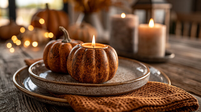 Rustic autumn table setting with pumpkin shaped candle and warm candle lights, seasonal