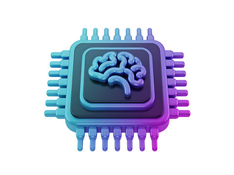 Digital computer processor chip with brain icon on transparent background 3d png art for artificial intelligence.