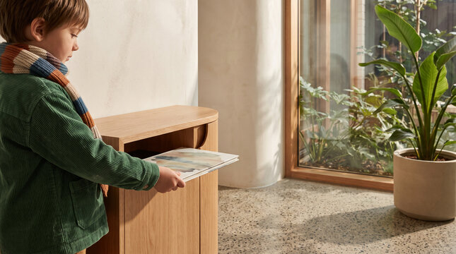 Young visitor returns a book at an accessible library drop