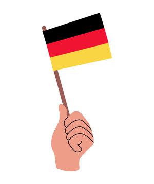 Germany flag in human hand. German flag vector illustration isolated on white. Oktoberfest, Unity Day, travel, culture, education, sports events, and Germany designs.