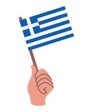Greece flag in a human hand. Greek flag vector illustration isolated on white. Ready for national celebration, Independence Day, travel, culture, education, and patriotic design.