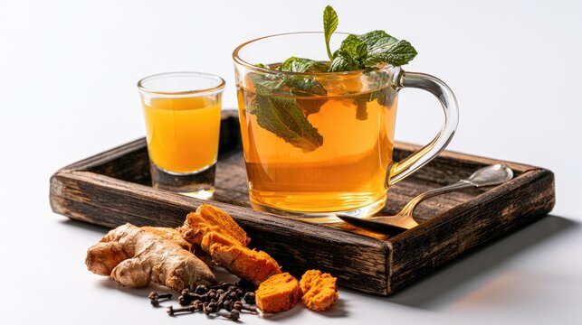 Herbal wellness drink with ginger, turmeric, and mint, served with shot
