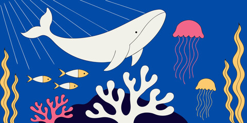 Whale Illustration With Jellyfish And Coral Blue Background © Tilottama