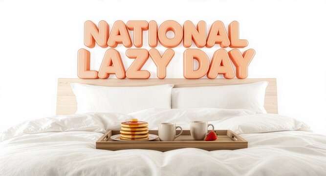 National Lazy Day typography banner with a wooden bed, white pillows, duvet, and a wooden tray containing a stack of pancakes with syrup, two cups, and a strawberry on a white background