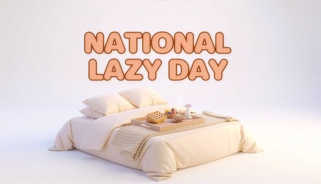 National Lazy Day celebration banner featuring a minimalist cream unmade bed, cozy pillows, knit blanket, and a wooden tray with waffles and a hot beverage against a clean white background.