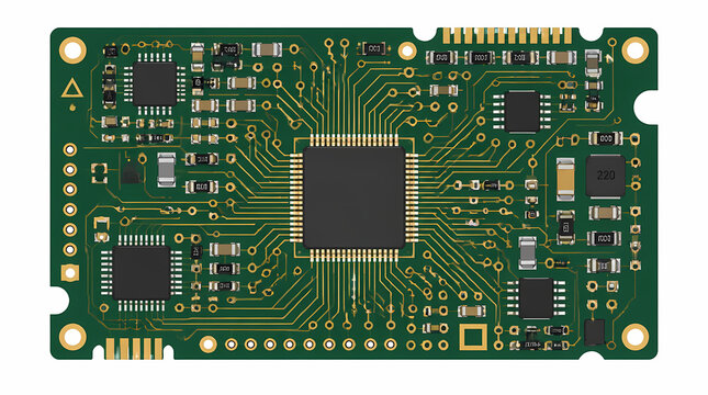 Electronic Circuit Board with Integrated Microchips and Soldered Components on Green PCB Surface