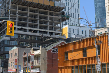 Fototapeta premium looking west on Dundas St E near Mutual and Bond street, north side, site of TMU and condominium development, Toronto