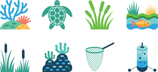 Flat Vector Icon Set of Aquatic Life Underwater Coral Reef Sea Turtle Fish Reeds and Net © RihabulIslam