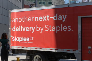 Fototapeta premium Staples (Sycamore Partners) office supply delivery vehicle in Toronto (near Sankofa Square)