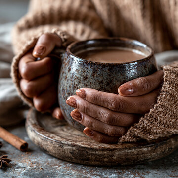 Woman holding a rustic ceramic mug of hot chocolate wrapped in a warm wool sweater