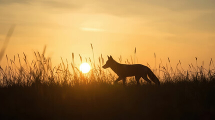 Naklejka premium Silhouette fox walking through tall grass at sunset with warm golden sky