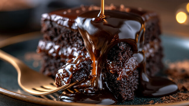 Gourmet dark chocolate cake slice covered in thick rich melted syrup sauce with fork