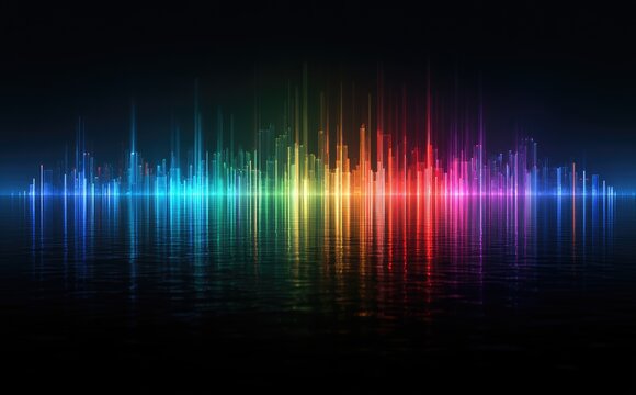 Abstract city skyline glowing with rainbow equalizer lights reflected on water