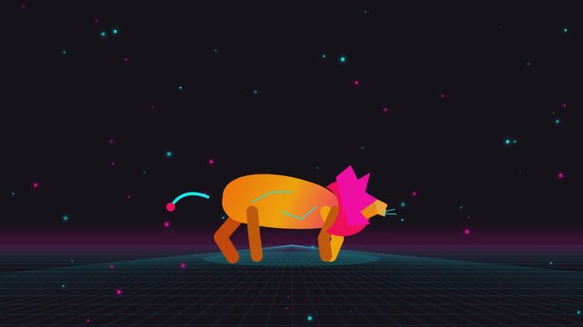 Retro synthwave lion animation with glowing neon geometric body shapes moving in digital space scenery.