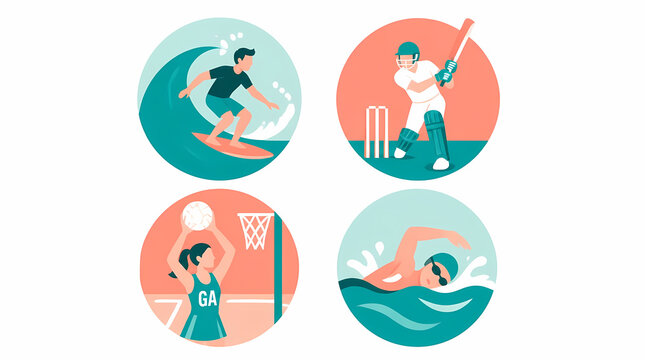 Surfboarder riding wave in ocean with dynamic splash and teal background, cricket player batting at wicket, netball goalkeeper shooting ball, swimmer freestyle swimming underwater