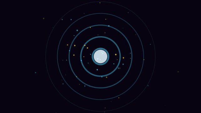 Abstract animated particle burst marking a level up drawn as blue and cyan glowing lines and dots on a deep dark background. Clean minimal motion graphics element with free space around it, ideal for 