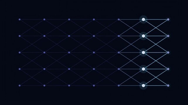 Abstract animated activation wave travelling through a neural network drawn as blue and cyan glowing lines and dots on a deep dark background. Clean minimal motion graphics element with free space aro