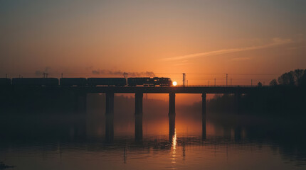 Fototapeta premium Train bridge silhouette sunset train crossing bridge silhouette at sunset with warm misty light