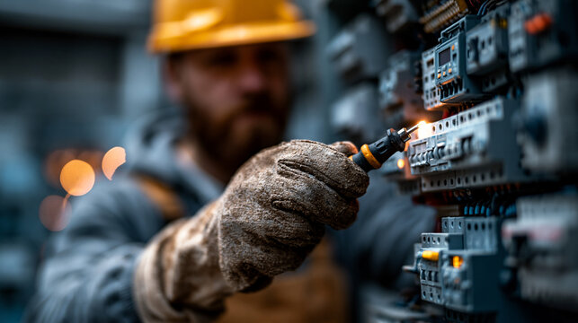 Electrician working on electrical control panel with electrician electricity industry