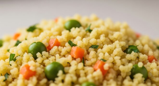 Fresh couscous salad with peas and carrots in a close up view