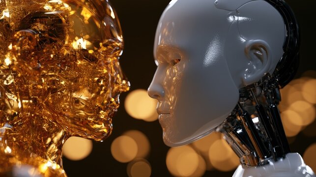 Two metallic heads, one golden, one white, face each other with glowing eyes